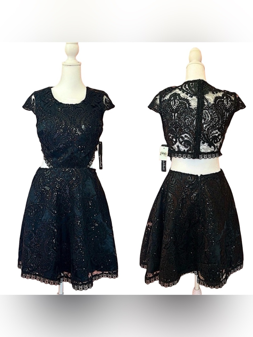 BLK two piece back cutout lace sequin goth glam dark romantic party dress NWT 7